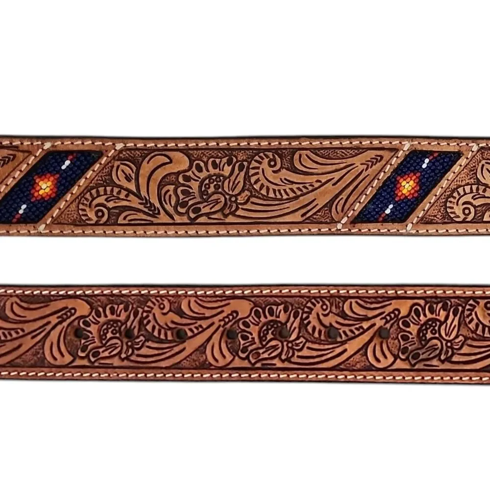 Ranger Belt Co WB413 Western Leather Belt Beaded Inlay Floral Tooled Unisex New